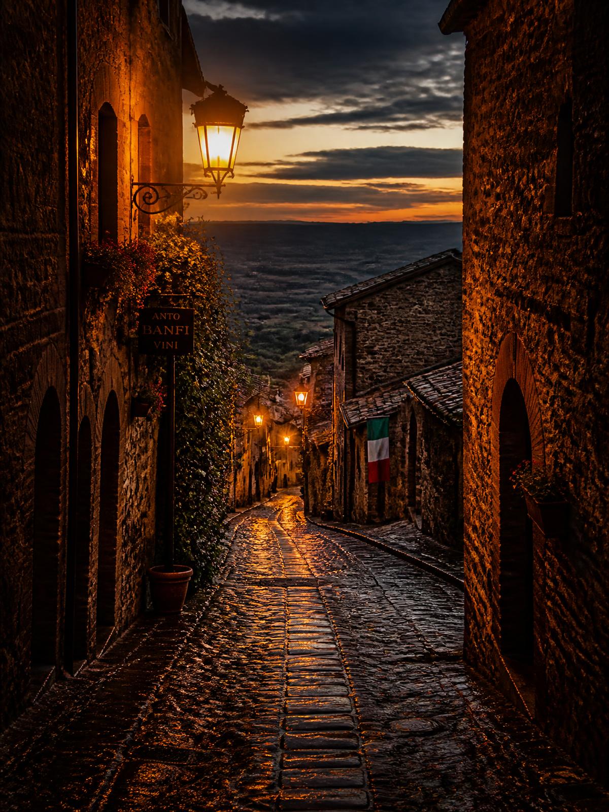 Ancient European village street at dusk