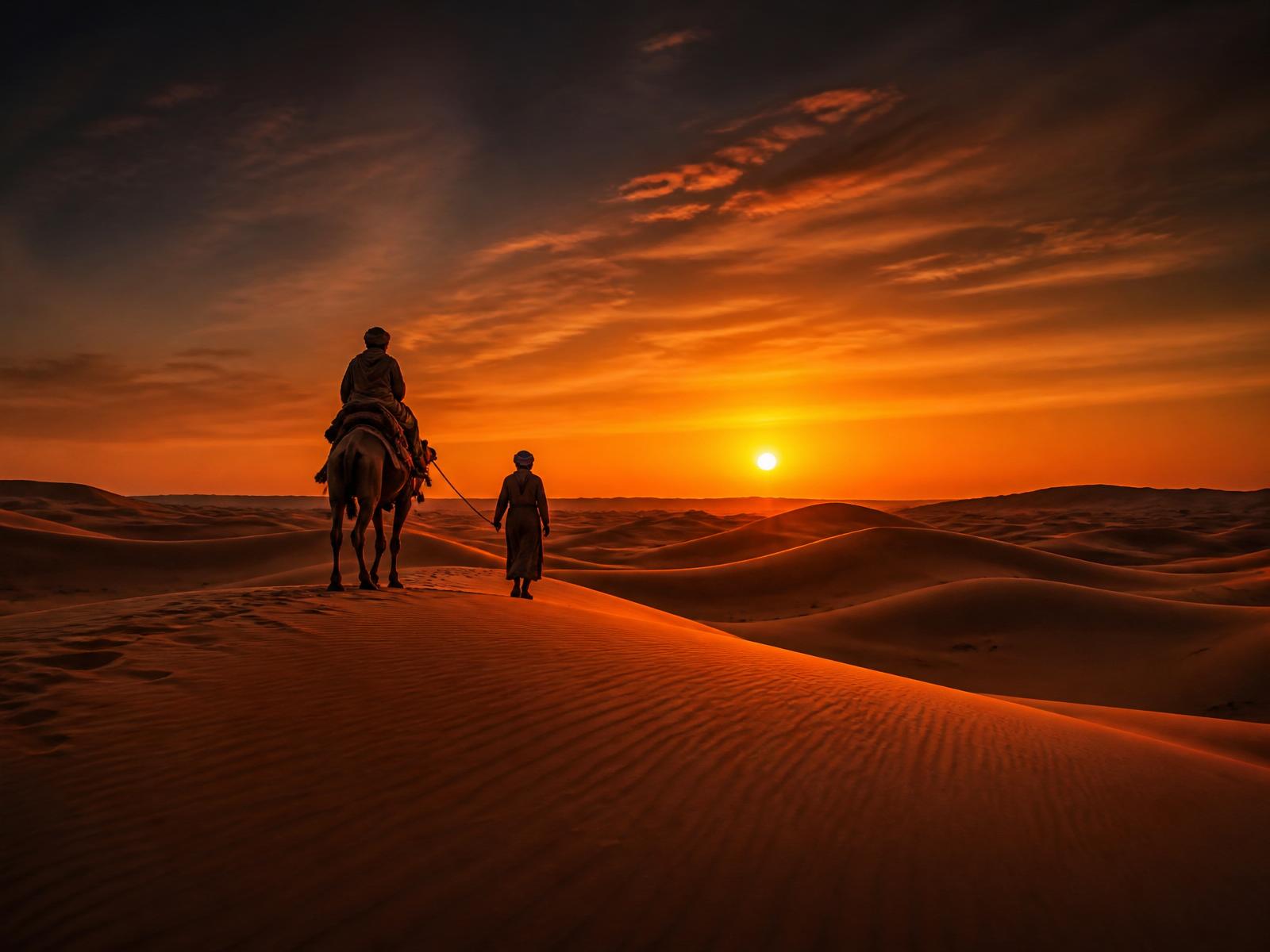 Camel caravan crossing Sahara dunes at sunset