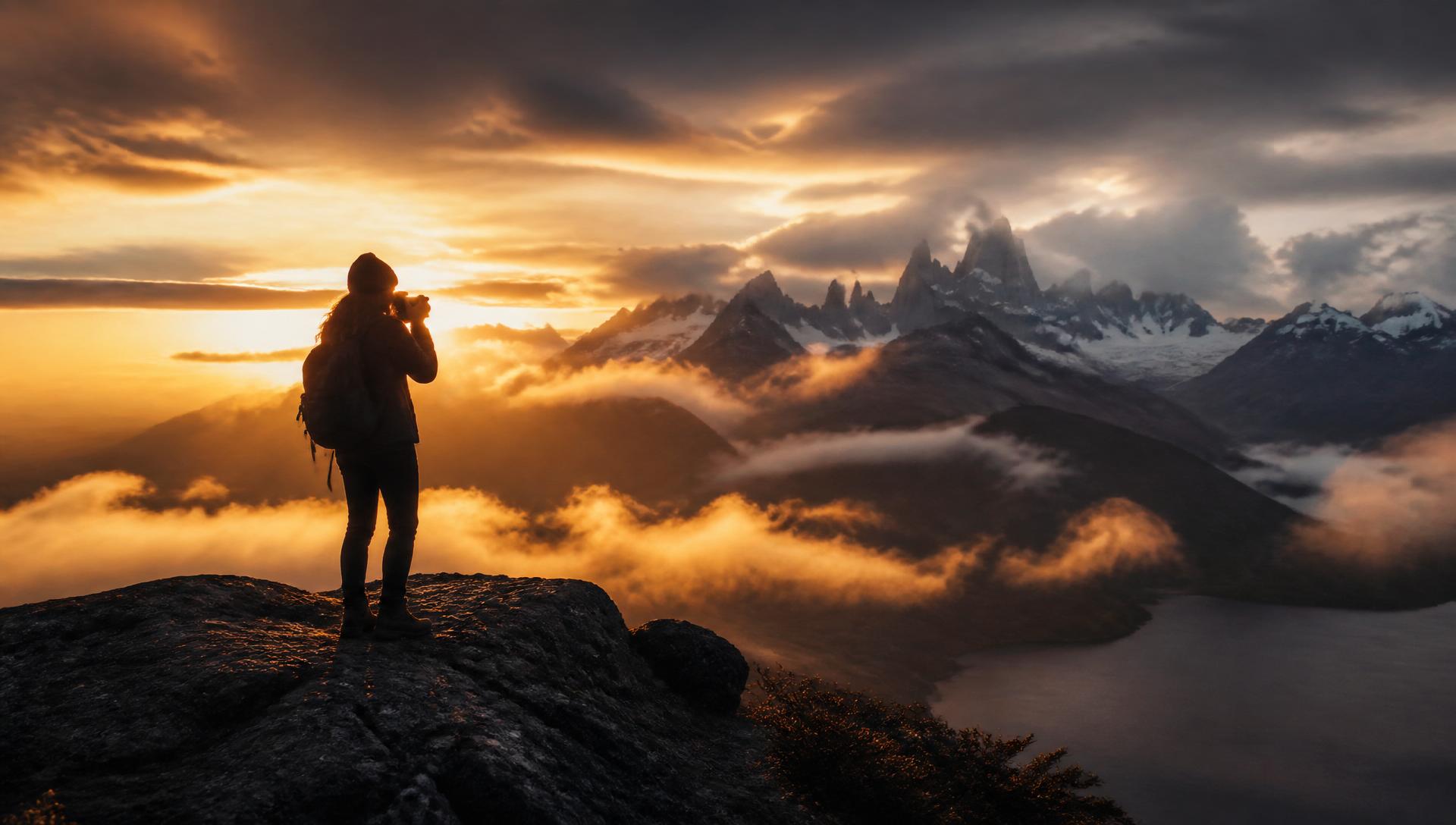 Nara photographing a golden sunrise over Patagonian mountains